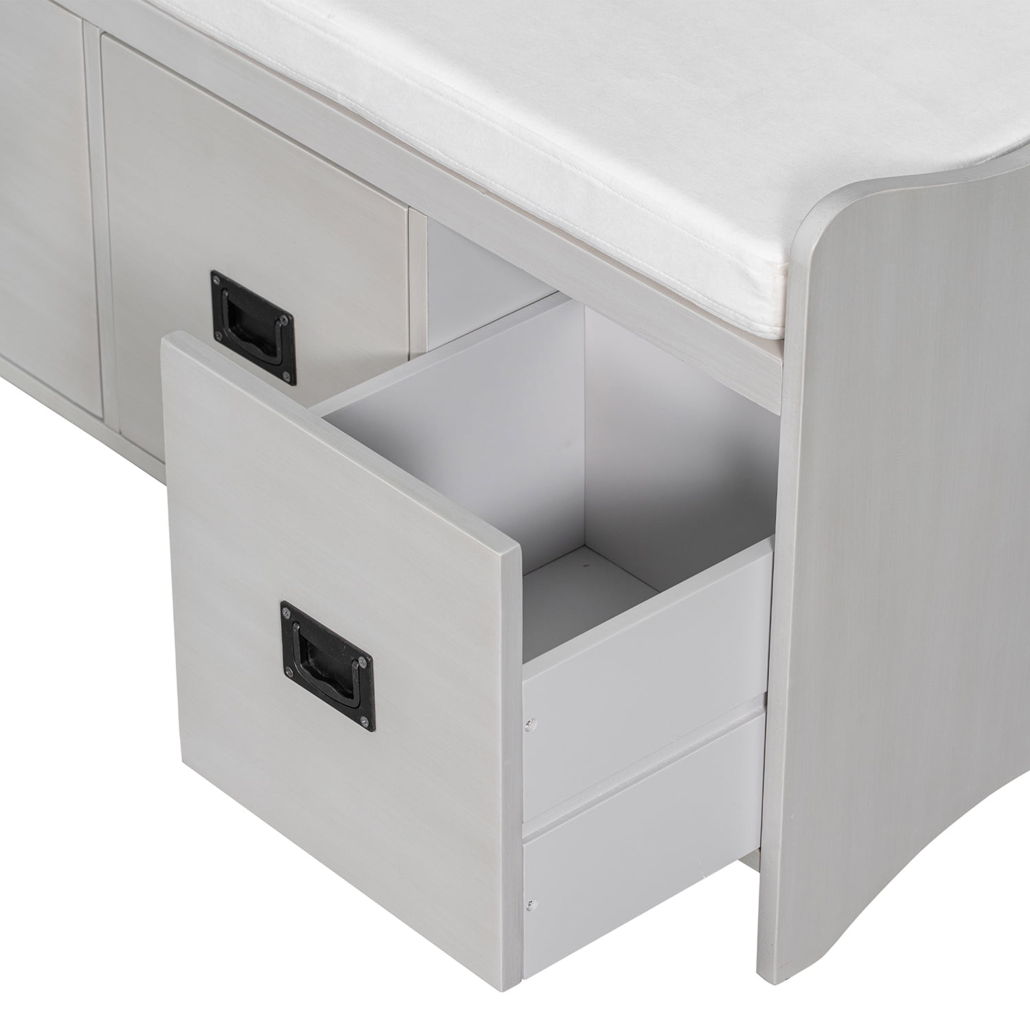 Kadyn Movable Cushion Storage Bench, MDF Storage Bench with Drawers and Backrest, Modern Entryway Shoe Bench for Entryway, Gray Wash Kadyn Movable Cushion Storage Bench, MDF Storage Bench with Drawers and Backrest, Modern Entryway Shoe Bench for Entryway, Gray Wash