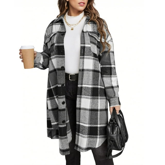 Baberdicy Women's Long Plaid Shirt Jacket, Tweed Open Front Oversized Cardigan , Plaid Wool-Blend Shacket, Long Shirt-Cardigan, Fall Layer Grey L
