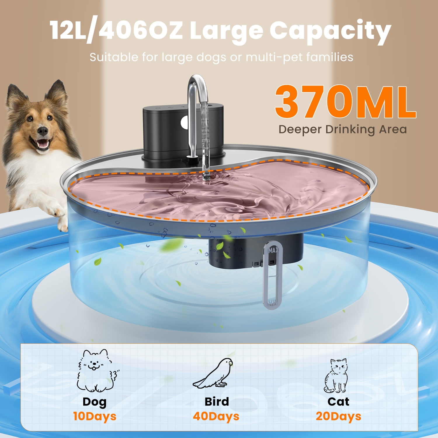 12L Dog Water Fountain Stainless Steel, Wireless Cat Water Fountain with 3 Modes, Battery Operated Automatic Pet Drinking Dispenser for Cats Dogs