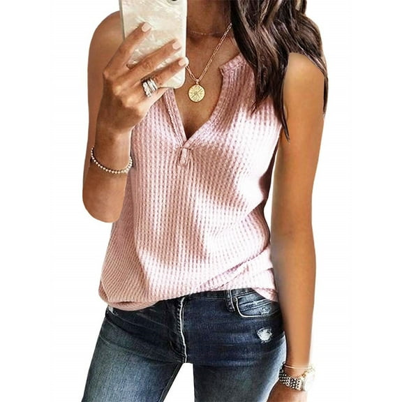 Summer Sleeveless Solid Color Women Waffle Knit V-Neck Tank Tops Cami Shirt
