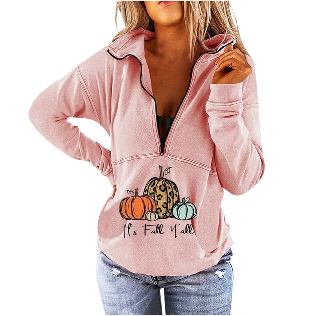 Sudadera con cuello en V para mujer, bonita sudadera recortada con cremallera para entrenamiento, Tops de Acción de Gracias para mujer Pompotops FGAJ19758