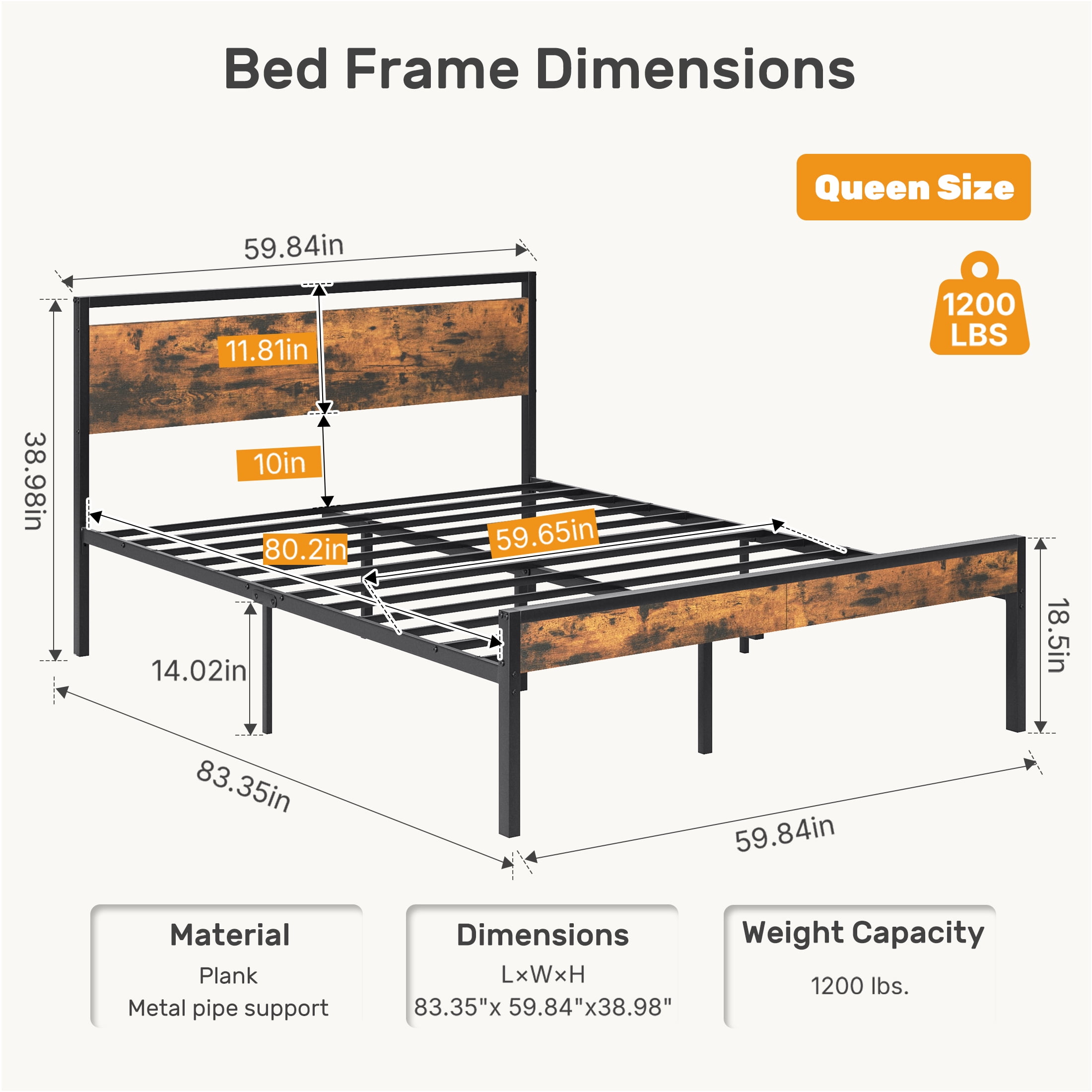 Gianna Heavy Duty Queen Size Metal Platform Bed, No Box Spring Required with Headboard and Footboard, Mattress Foundation, Rust