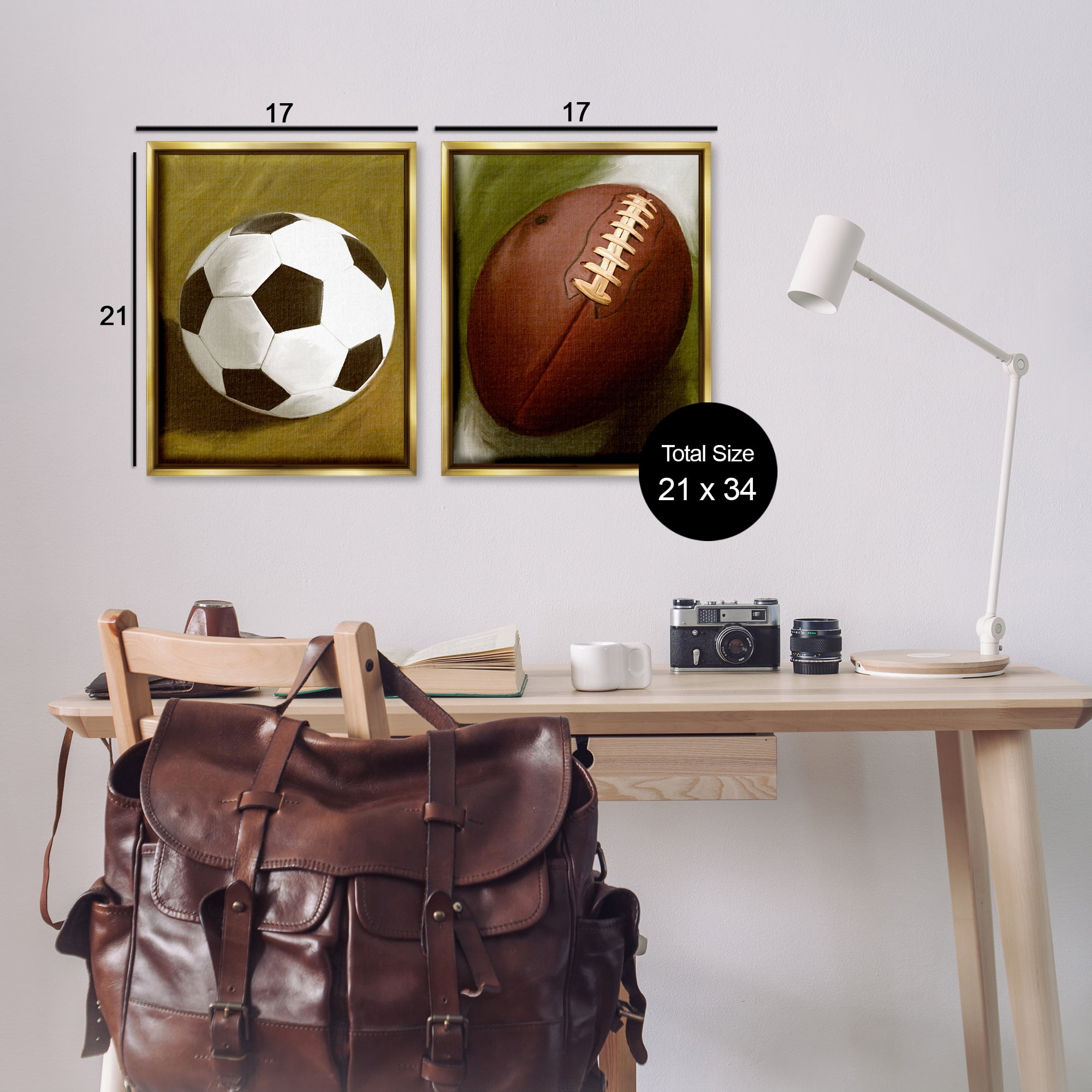 Stupell Industries Soccer & Football Traditional Sports Painting Gold Floater Framed Canvas Art Print Wall Art, 17 x 21, Set of 2