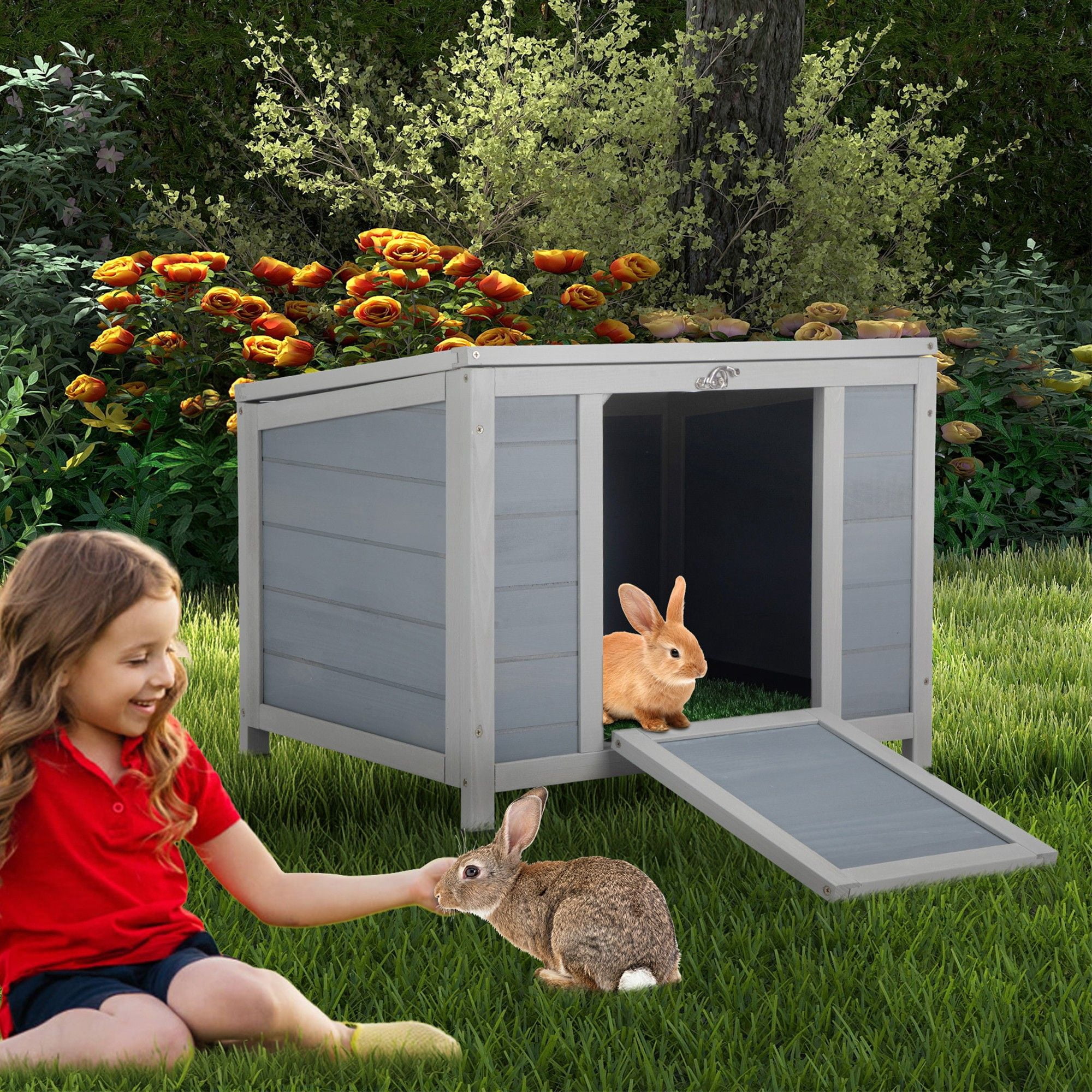 Pefilos 23" Outdoor Rabbit Hutch with Weatherproof Openable Top, Door Ramp, Wood Guinea Pig Habitat Cage Cat House Shelter, Gray