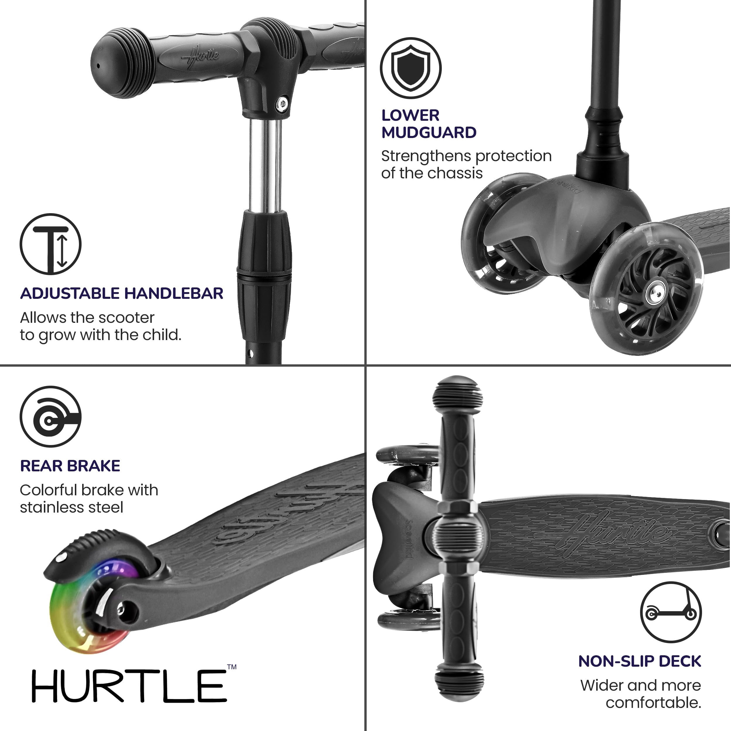 Hurtle Mini Kickboard Scooter for Kids - Height Adjustable 25''-28'', Lightweight 3-Wheels with LED Light-up, Anti-Slip,Indoor/Outdoor Fun, Micro-Scooter for Ages 2-5