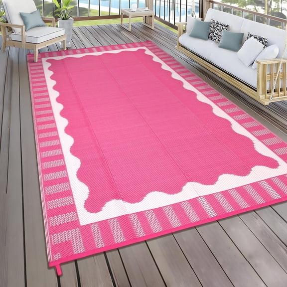 HIWEAVER 8' x 10' Pink Outdoor Rug PP Plastic Straw Woven Waterproof Patio Rug with Border Portable Outside Carpet for Balcony Deck Picnic Garden Decor