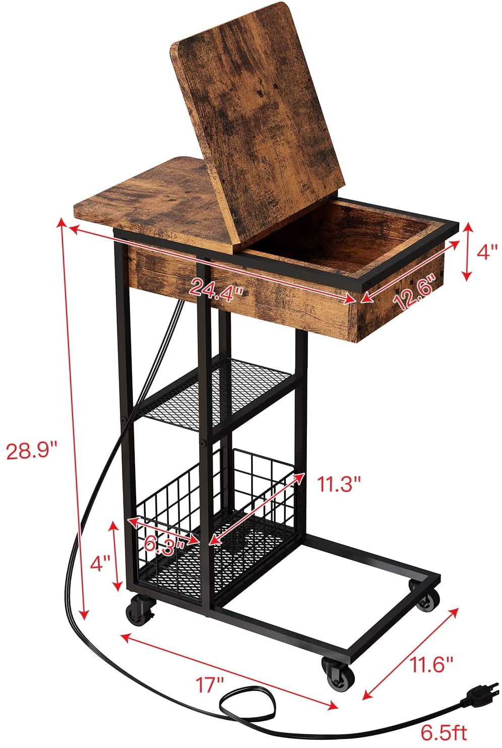 Oumilen Western Home Side Flip Top C Shaped End Table with Build-In Fast Charging Station with USB Ports, in Rustic Burnt Wood