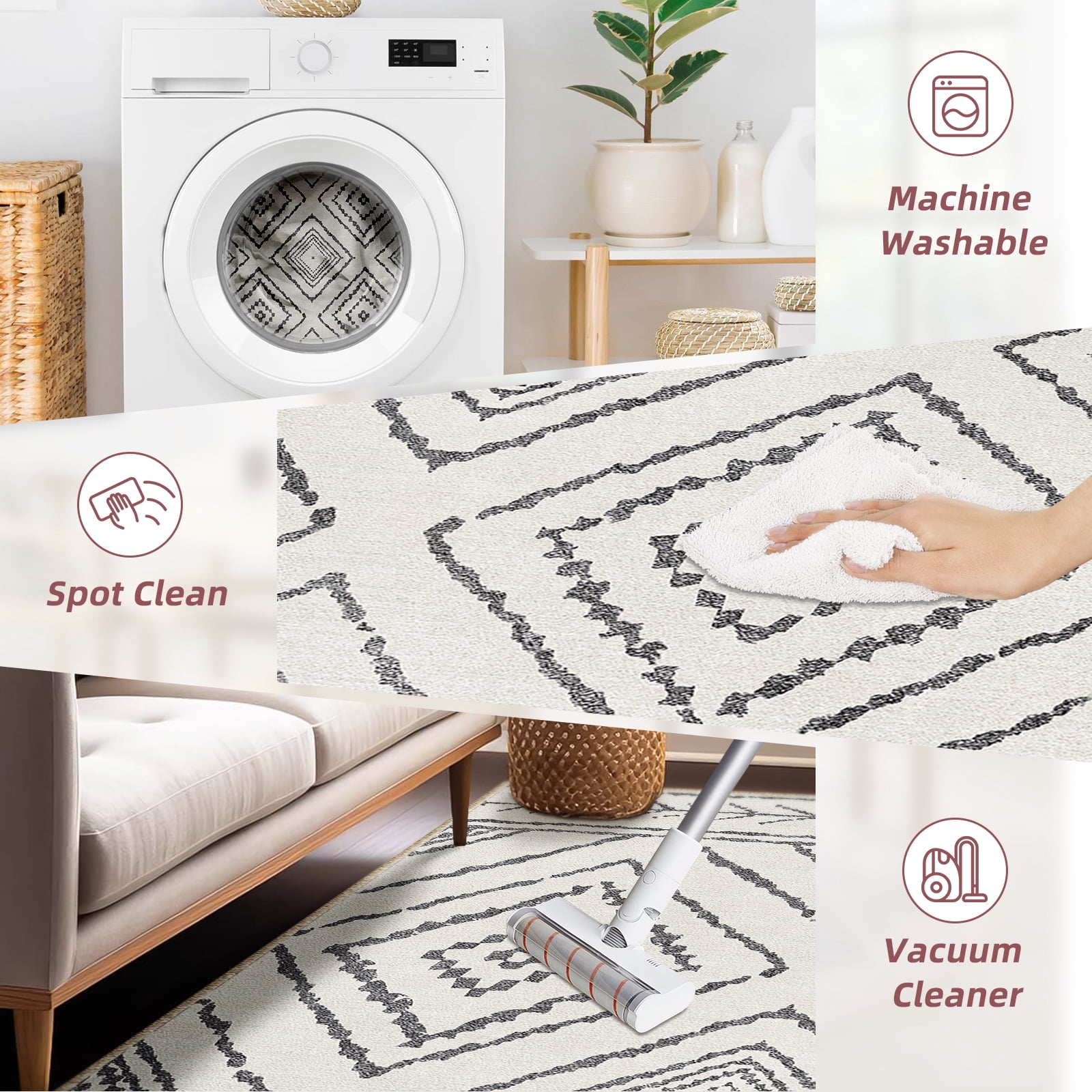 6'x9' Area Rugs for Living Room, Machine Washable Non-Slip Carpet, Soft Faux Wool Low Pile Moroccan Farmhouse Western Rug, Black and White