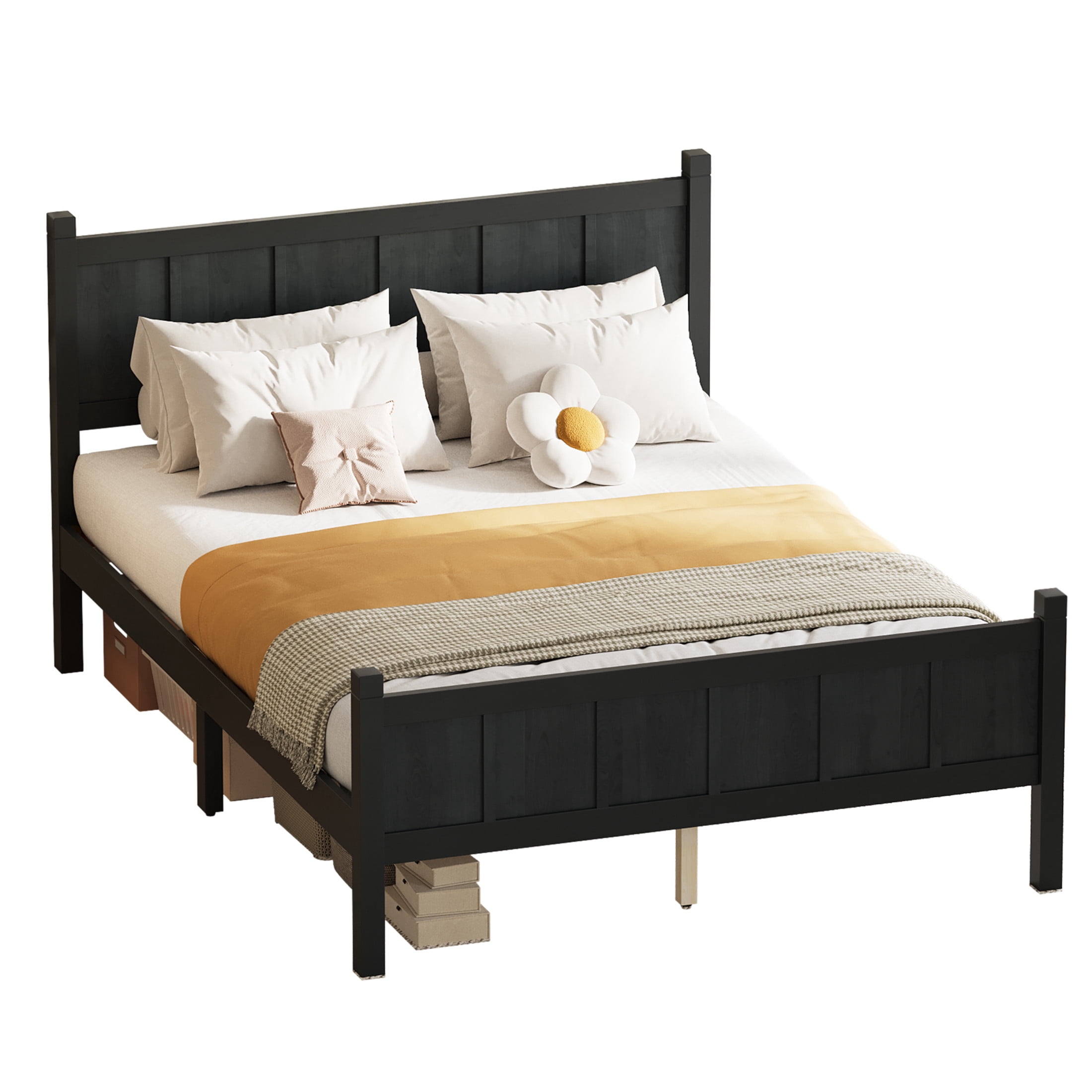 Noble House Full Platform Bed with Headboard and Footboard, Wood Frame, Black