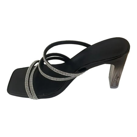 

Ladies Summer Simple Solid Colour Spaghetti Strap Rhinestone Big Size Heel High Heeled Sandals Slippers Womens Sandals