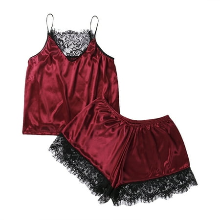 

Women Sexy 2PCS Lingerie Set Loose Solid Color Sling Hollow Lace V-Neck Top Short Elastic Band Pants Summer Sleepwear Set