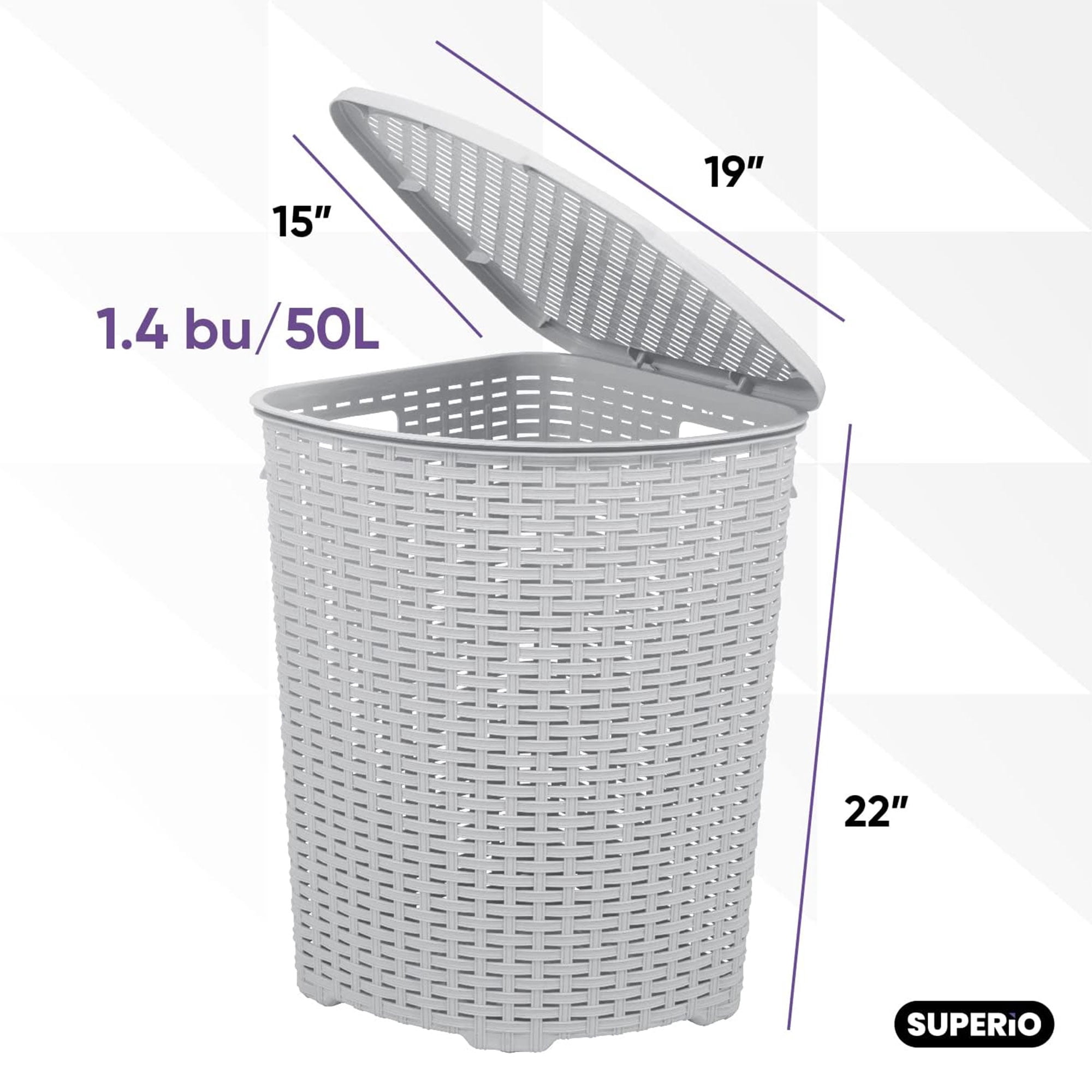 Superio 50L Wicker Plastic Corner Laundry Hamper with Lid - White Smoke