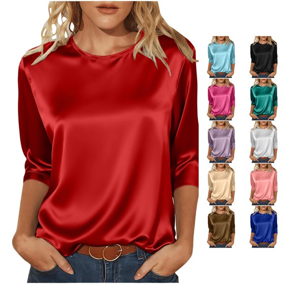 DHFJKG Soft Satin Tops For Women 3/4 Sleeve T Shirt Loose Fit Casual Crew Neck Solid Color Basic Tee Stylish Top