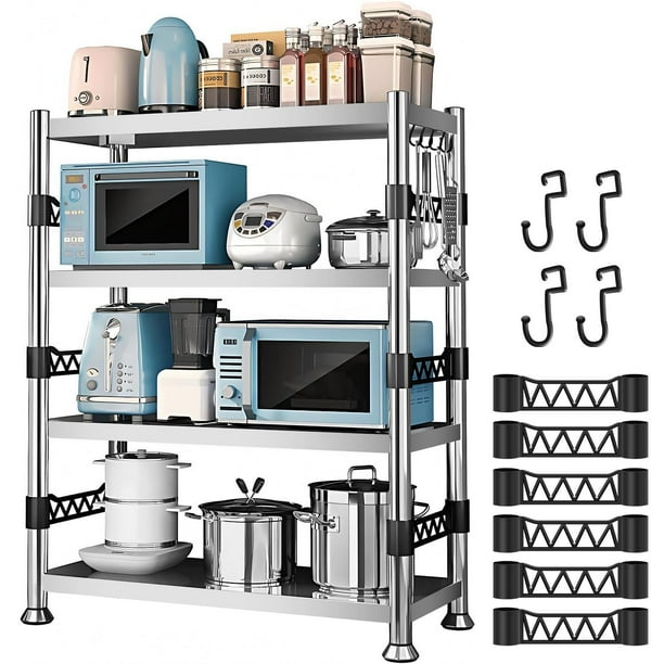 Estantería de 4 Niveles Organizador para Horno de Microondas, Estantes de Metal para Almacenamiento,Pesado Estante Ajustable de Acero Organizador con Rieles Laterales y Ganchos para Cocina,Despensa