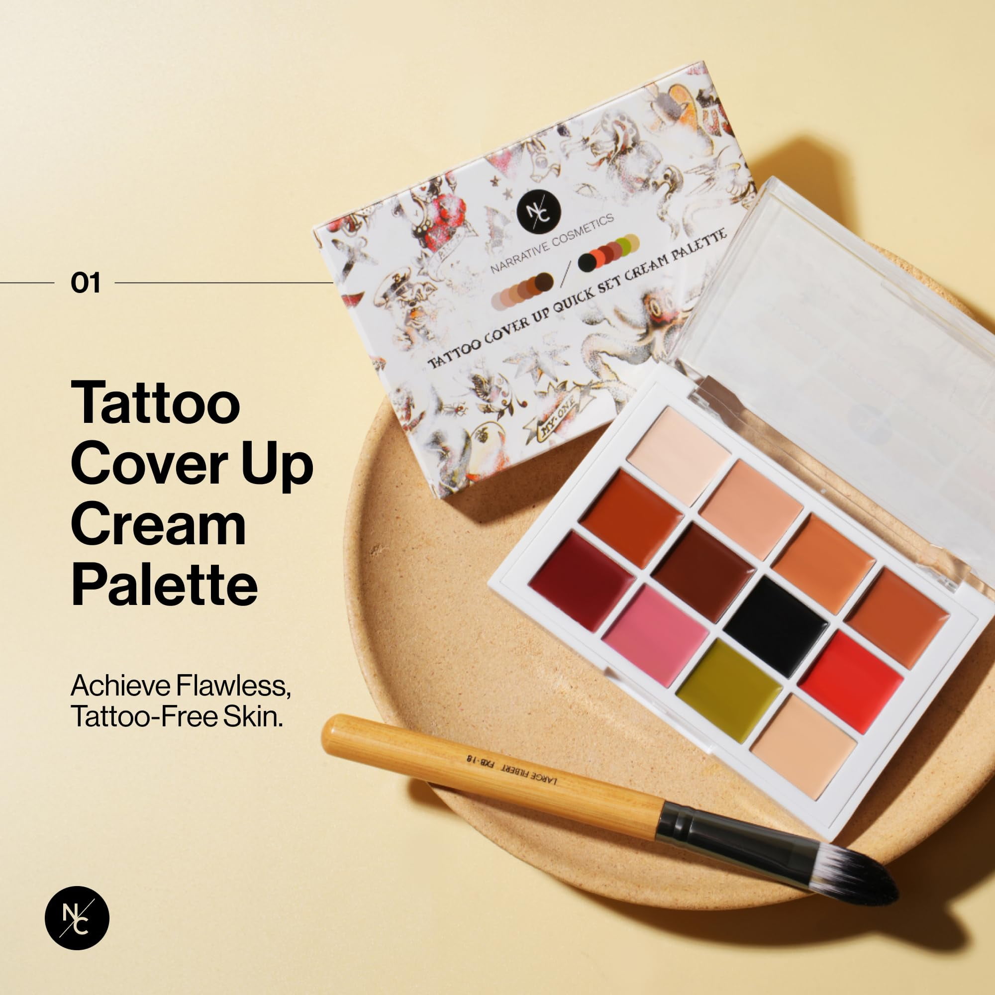 Narrative Cosmetics Tattoo Cover Up Makeup Palette | Quick-Set Waterproof Cream Concealer for Tattoos, Scars & Blemishes | Long-Lasting, Smudge-Proof Formula for All Skin Tones