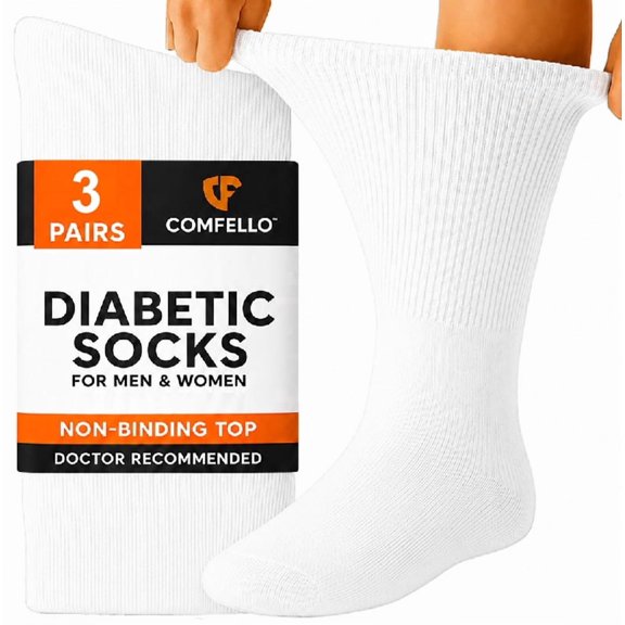 Comfello Diabetic Crew Socks for Men & Women– 3 Pairs, Non-Binding, Seamless Toe, Soft Cotton Moisture-Wicking Socks