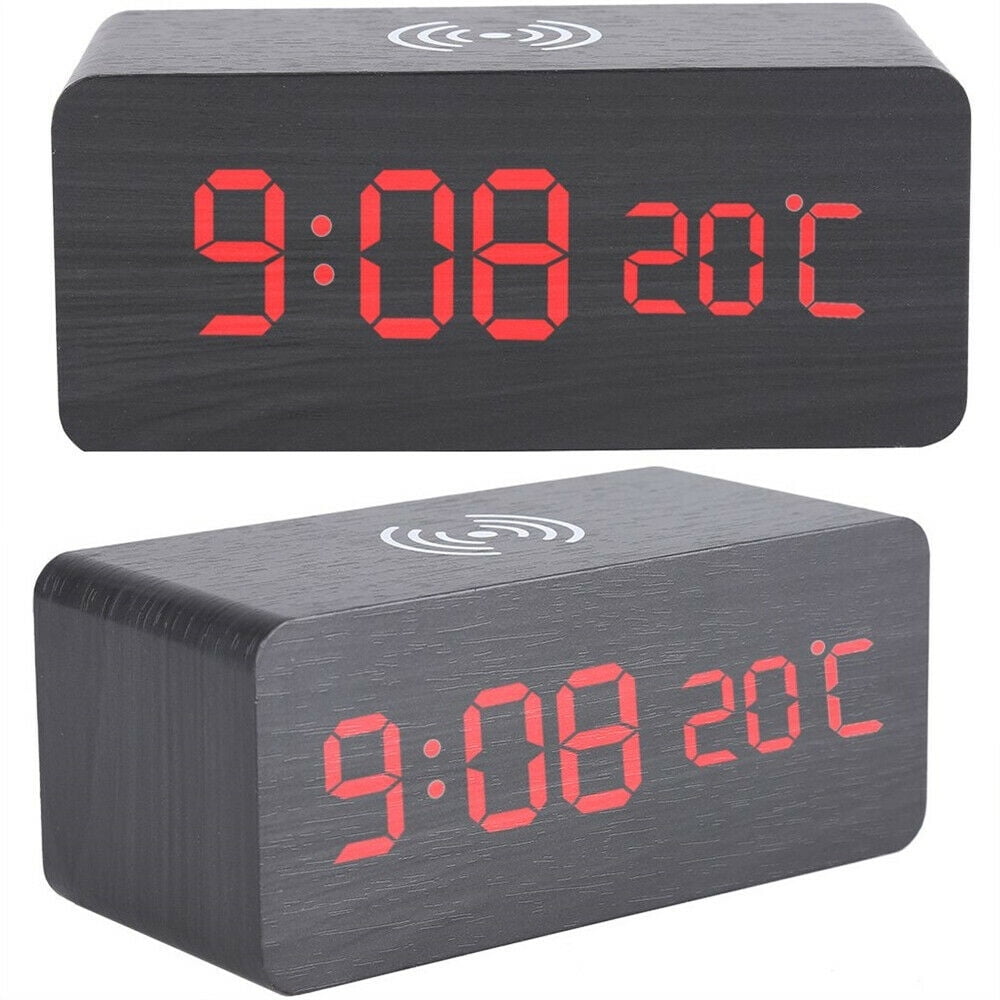 Modern Wooden Wood Digital LED Desk Alarm Clock Thermometer Qi Wireless Charger+ 