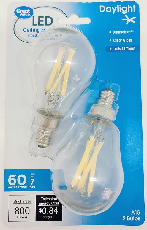 Great Value LED Vintage Style Ceiling Fan Light Bulb, A15 60 Watts Daylight Clear Classic Filament, Candelabra Base, Dimmable, 2 Pack