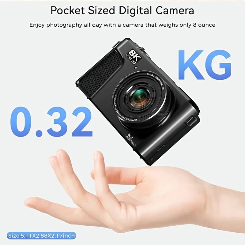 8K Digital Camera 88MP with 3" 180° Flip Screen, 18x Zoom, Autofocus, Lens Cover, Optional 32GB Card, Dark Gray