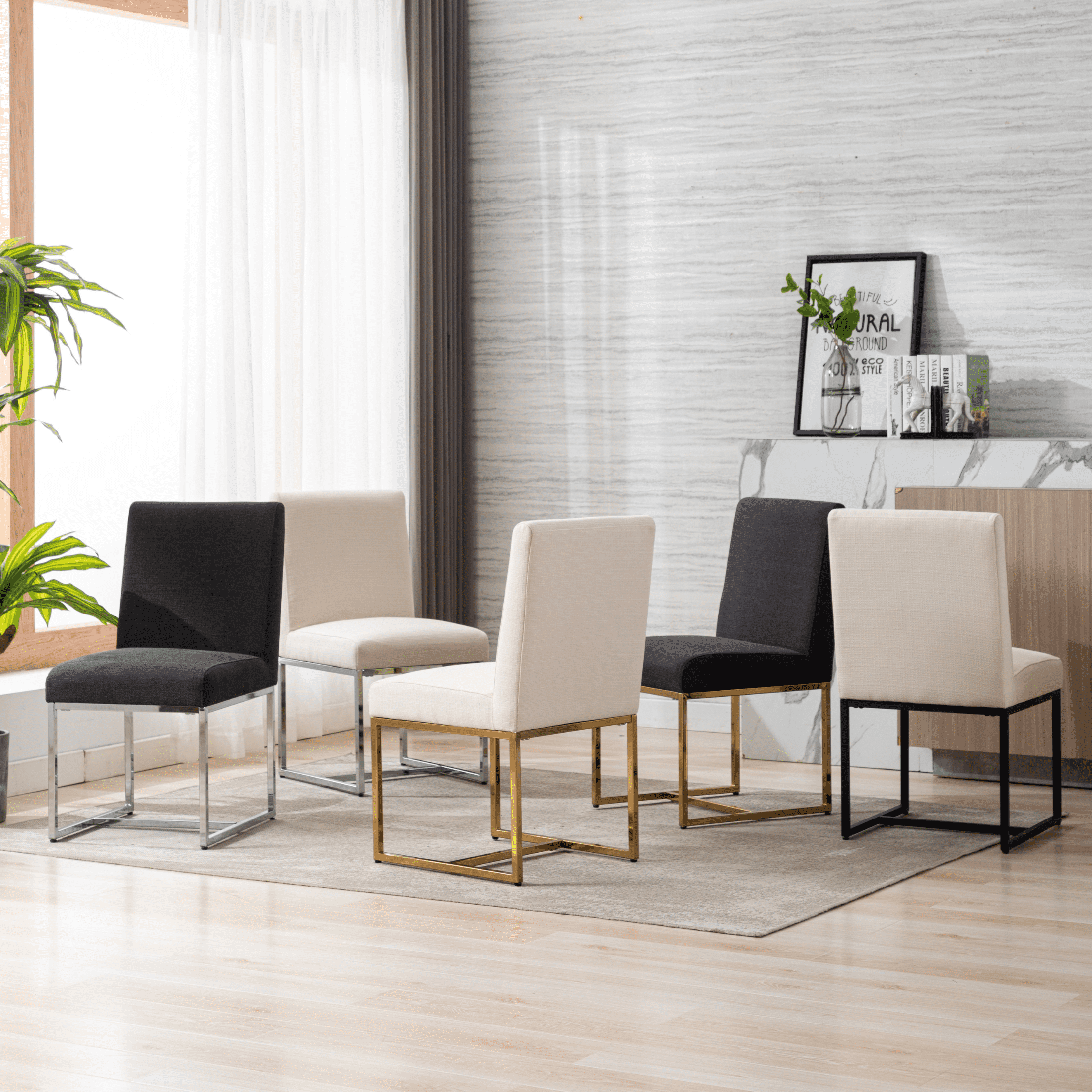 Dayalane Mid Century Modern Dining Chairs Set of 6, Beige Linen Upholstered Kitchen & Dining Room Chairs with Chrome Metal Frame, Armless Side Chairs for Living Room