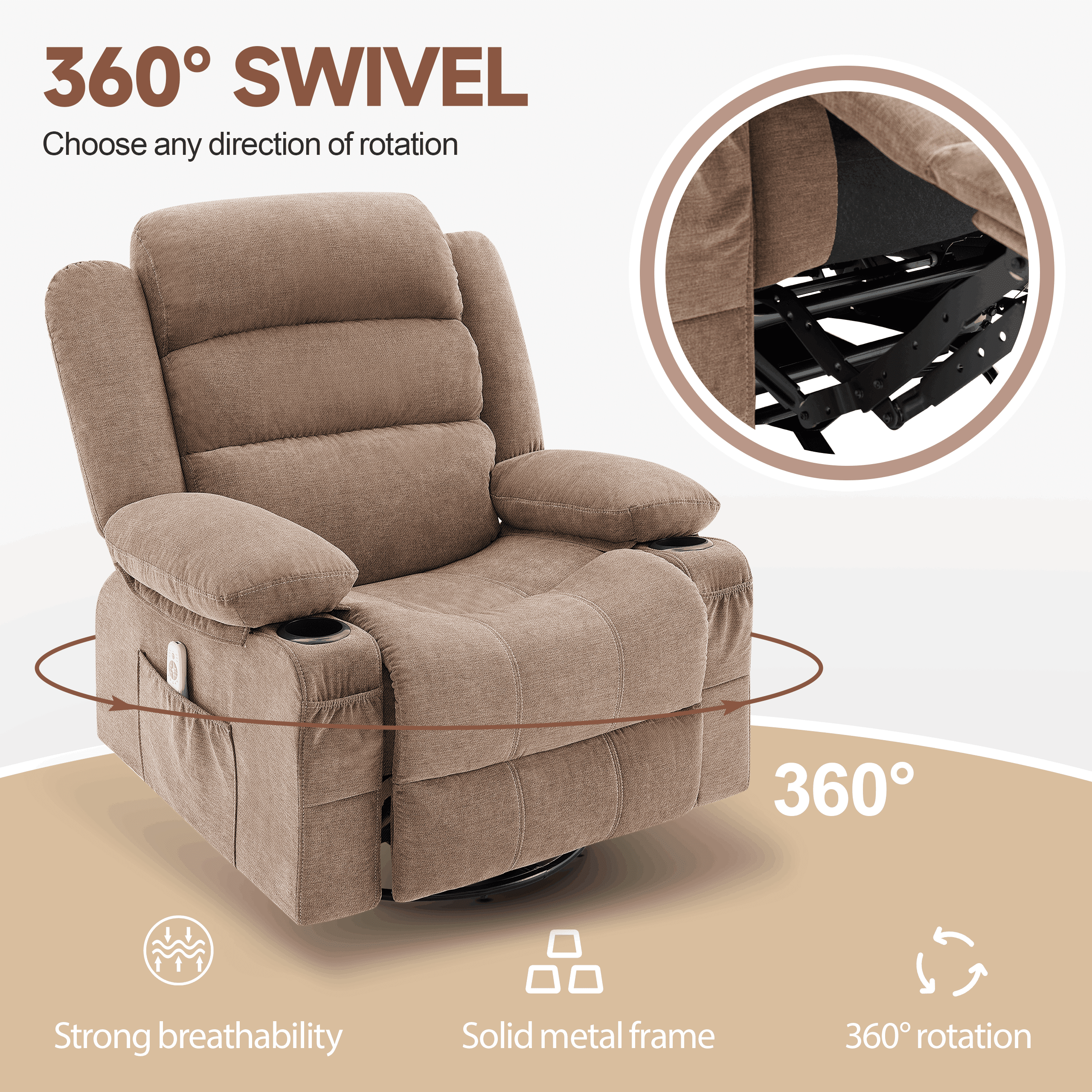 Rocker Recliner Chair with Heat and Massage, 360° Swivel Recliner Chairs for Adults, Oversized Recliner Single Sofa Seat with Cup Holders, Brown