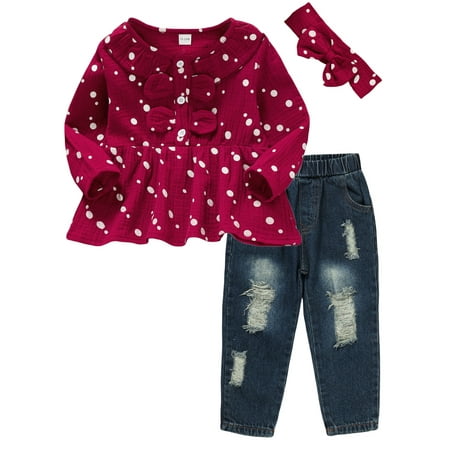 

6M-3T Baby Girls Doll Collar Polk Dot Blouse Ripped Denim Pants Headband Outfit Sets