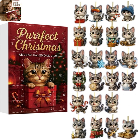 Purrfect Christmas Advent Calendar, 24Pcs 2D Acrylic Ornament Blind Box, Christmas Kitten-hemed Hanging Charms for Xmas Tree & Holiday Home Decoration as show