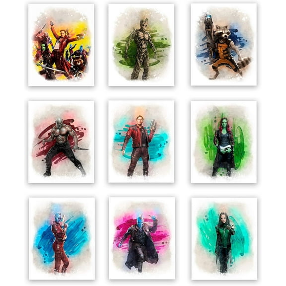 QTH Canvas Poster Guardians of the Galaxy Superhero Watercolor Art Unframed Prints | Great Gift Set of 9 (8x10) | Perfect for Boys Room Décor | Man Cave Poster