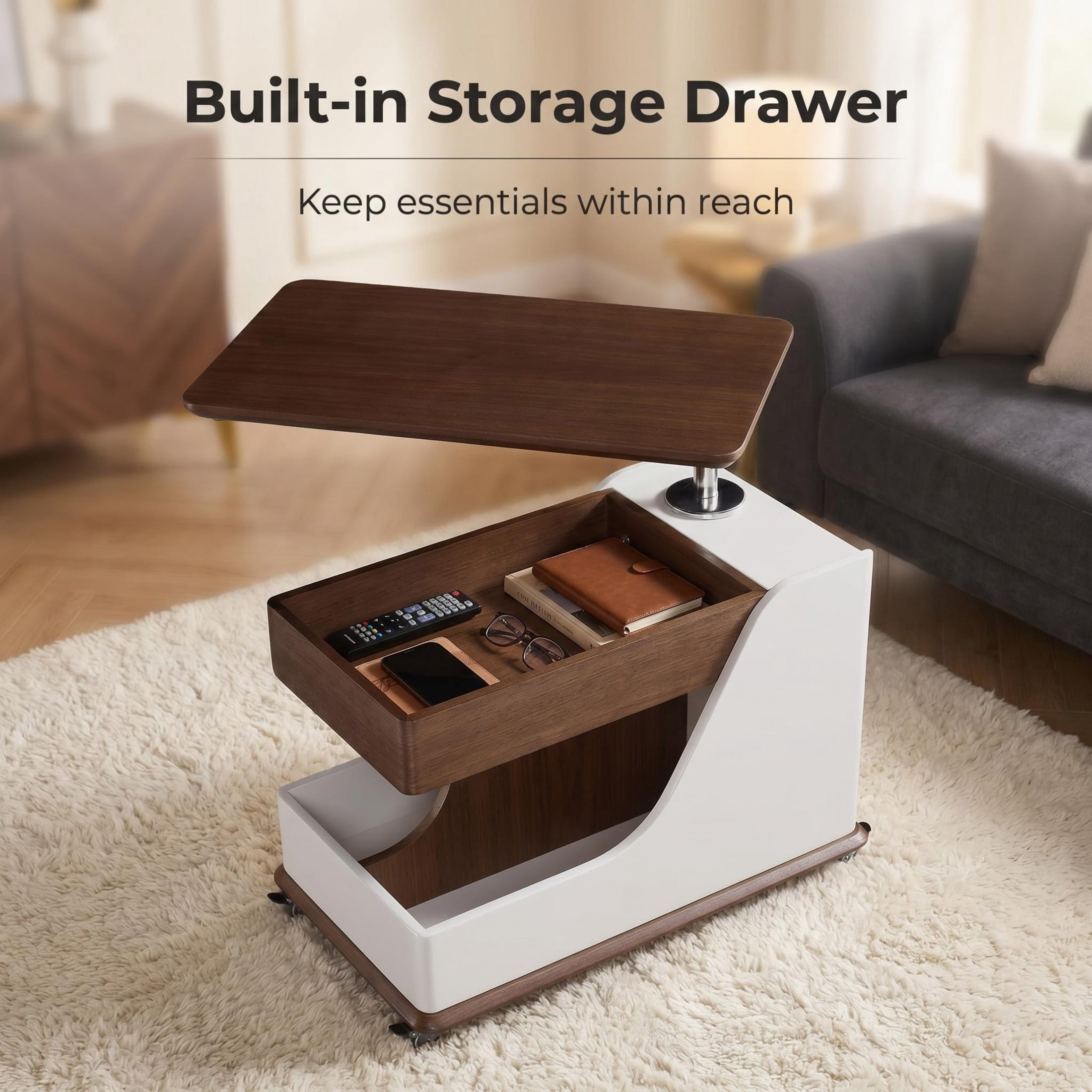 GDF Studio 27.6" Adjustable Lift-Top Side Table with Hidden Storage, 360° Swivel Top, White+Walnut
