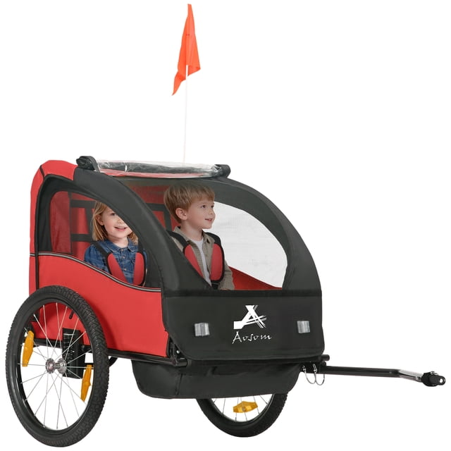 Aosom Remorque de Vélo 2 Places pour Enfants, Poussette pour Bébé avec Sac de Rangement, Rouge