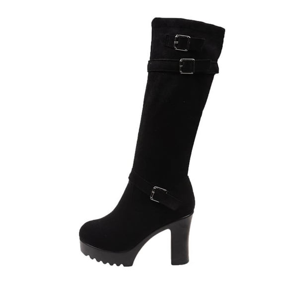 hopeusnice Women Tall Boots With Triple Buckle Closure Suede Upper Sole High Heel For Party And Night Out Looks Black 36