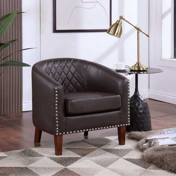 TrumanPick Accent Chair Faux Leather Studded Barrel Chairs Bucket Club Arm Chair Brown
