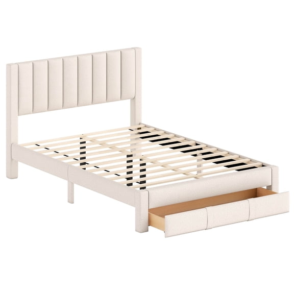 Infans Queen Size Bed Frame w/Storage Drawer & Vertical Channel Headboard,Beige