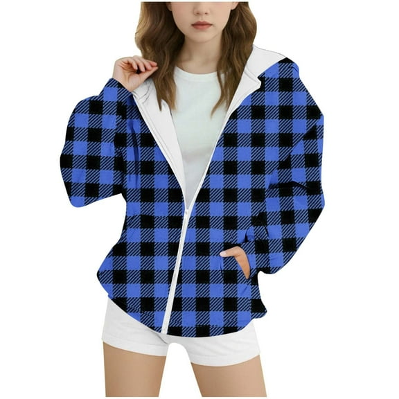 BFHHYA Girls' Plaid Print Sweatshirt Jacket Kid Tween Oversized Hoodie Zip-Up Drop Shoulder Sweatshirt with Pockets (4-15 Years)