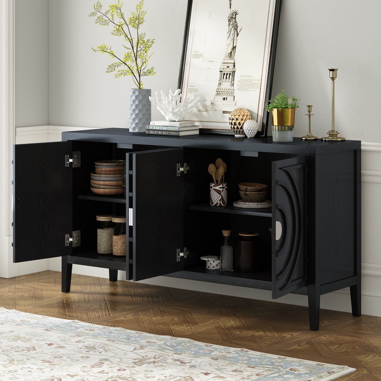 Retro Console Table, Modern Buffet Sideboard with 4-Doors and Adjustable Shelves, Entryway Sofa Table with Circular Groove Design and Metal Handle for Living Room Bedroom Hallway, Black
