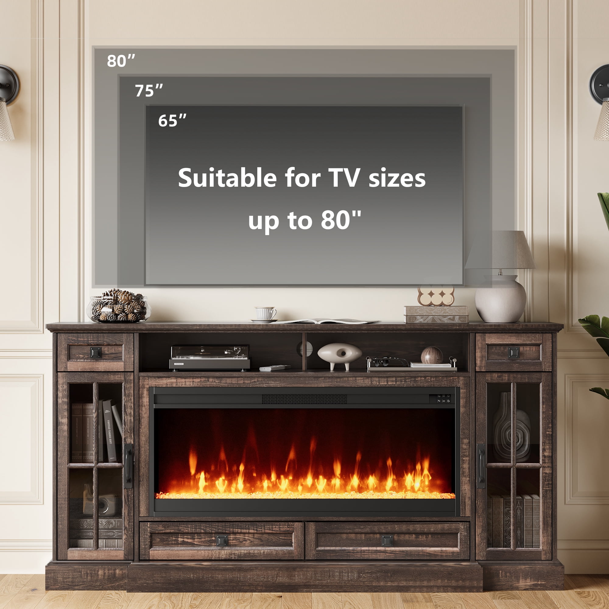 OKD TV Stand with Fireplace for 80 inch TVs, Farmhouse Entertainment Center with Storage, Dark Rustic Oak