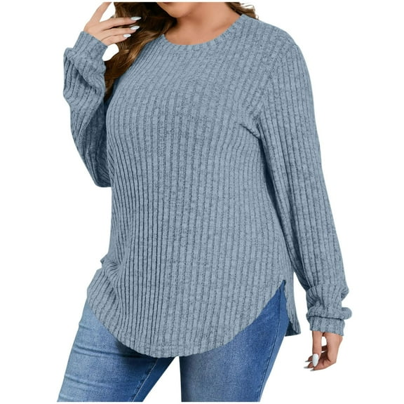 XUNKUSGA Plus Size Sweaters For Women Crewneck Long Sleeve Hem Slit Sweatshirt For Women Trendy Loose Ribbed Knit Pullover Going Out Tops For Women L-5XL