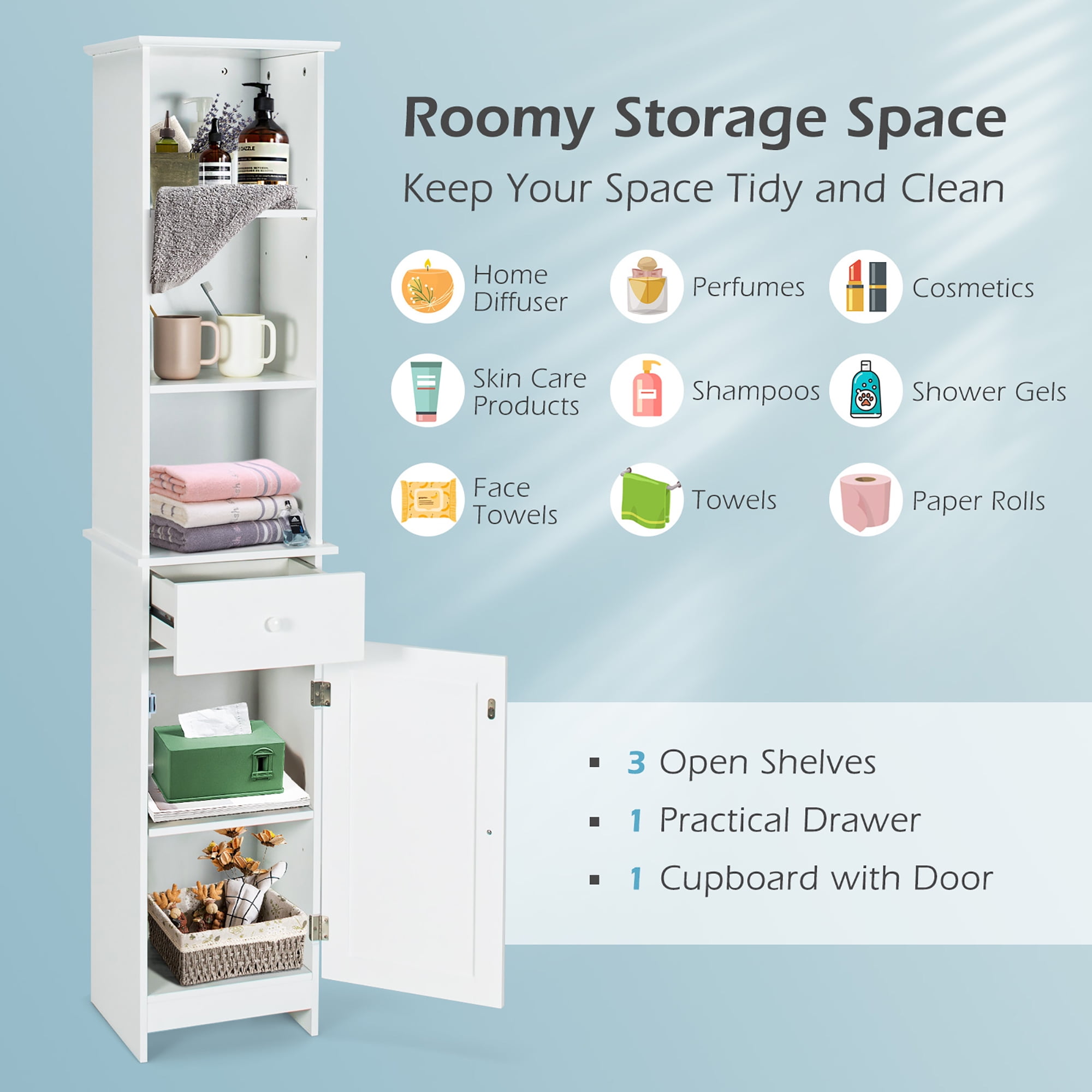 Costway Bathroom Tall Storage Cabinet Freestanding Linen Tower w/ Open Shelves & Drawer