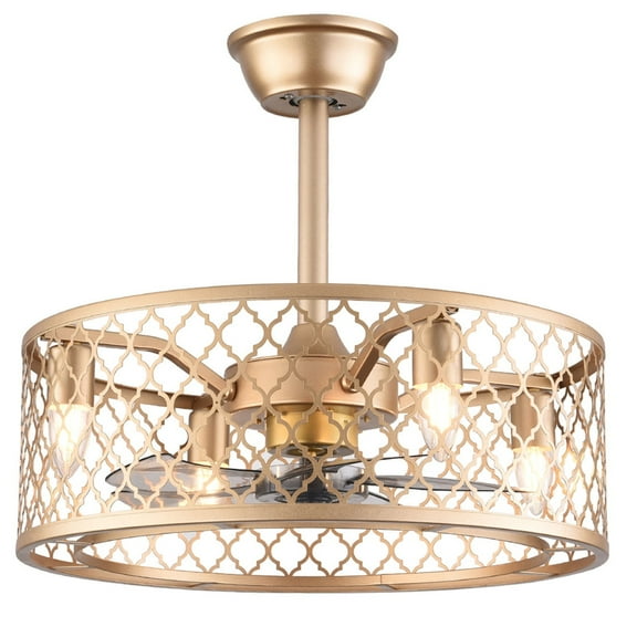 20" Modern Industrial Caged Indoor Ceiling Fan w/ Light Remote Control, 3 Speeds 5 Blades Metal Chandelier Ceiling Light 4*E27 Bulb Base Gold