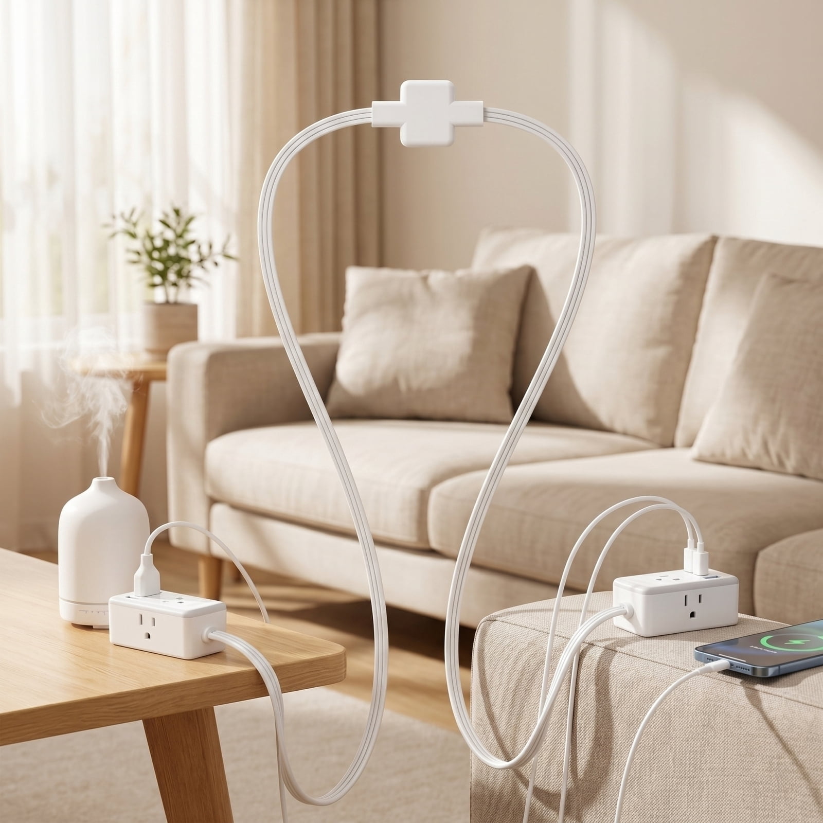 Split Extension Power Strip, Low Profile Flat Plug, 1 Pack with 6 Grounded Outlets and 6 USB Ports, Splitsided Overlong Extension for Home Office Dormitory Behind Furniture