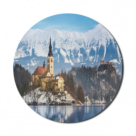 Winter Mouse Pad for Computers, Lake Bled in Slovenia Scenes from Europe Travel Destination Places Photo, Round Non-Slip Thick Rubber Modern Gaming Mousepad, 8" Round, Multicolor, by Ambesonne