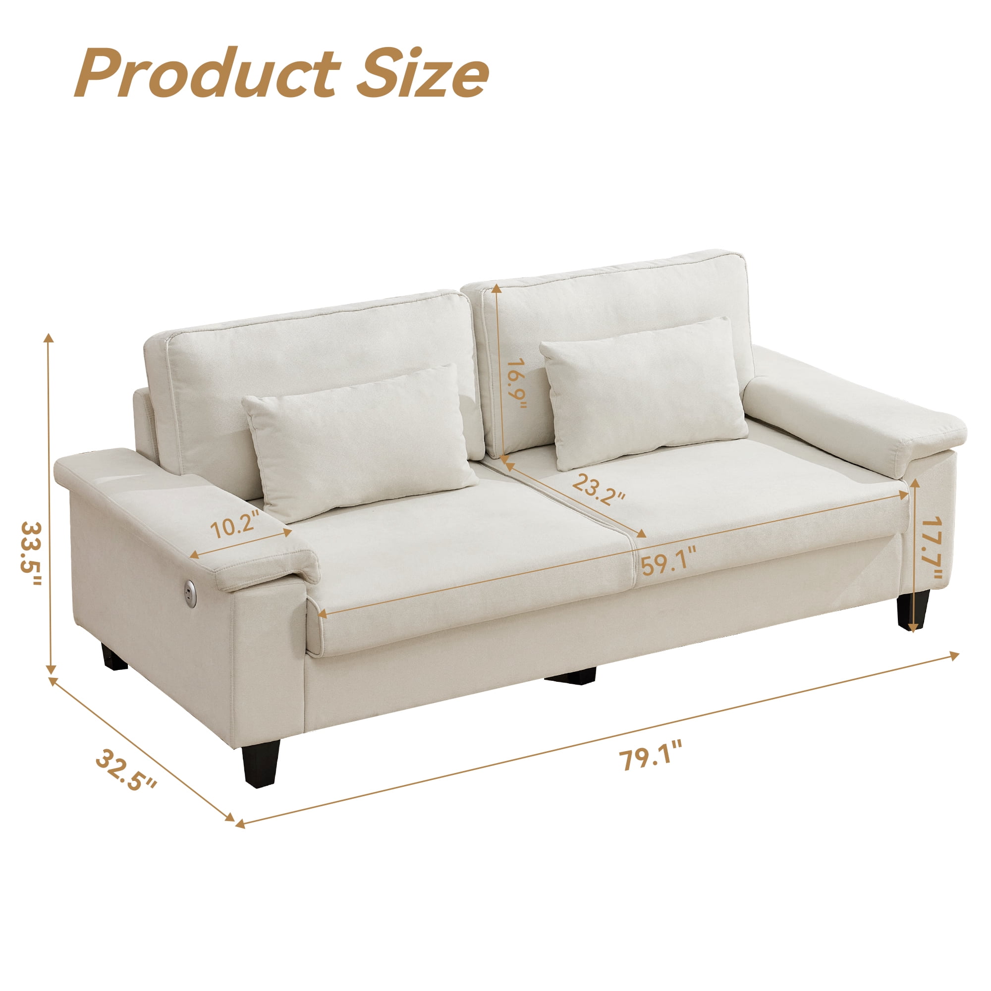 79" Modern Deep Seat Sofa for Living Room with Adjustable Armrests & USB/Type-C Charging Ports ,3-Seater Loveseat for Apartment, Home Office