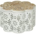 thumbnail image 6 of DecMode 8", 7", 6"W White Metal Quatrefoil Decorative Jars with Wood Carved Lids, 3-Pieces, 6 of 9