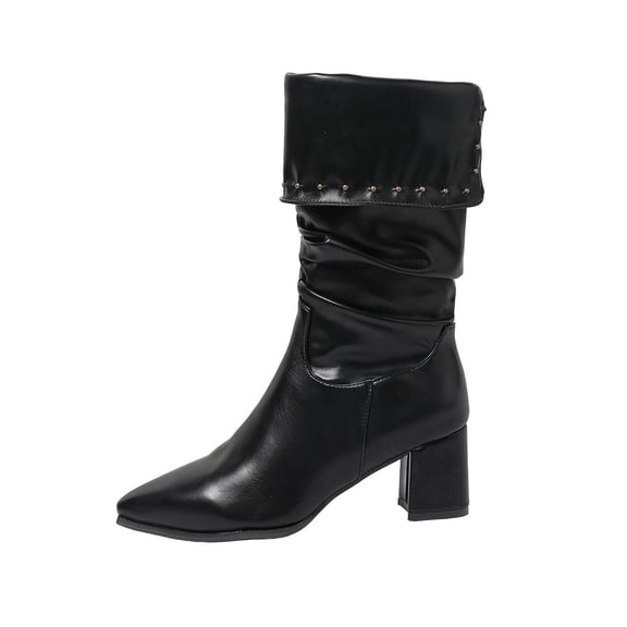 Dasayo Wide Width Boots for Women Mid-Calf Black Slouch Faux Leather Pointed Toe Block Heel Boots Woman Shoes 36