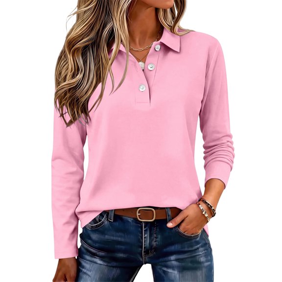 Polo Shirts for Women Long Sleeve Collared Button Golf Work Cute Summer Tops | Lightweight, Quick Dry, Three Quarter Length, Solid Color, Loose Fit, Beach, Workout, Athletic, Walking ,Holiday,L