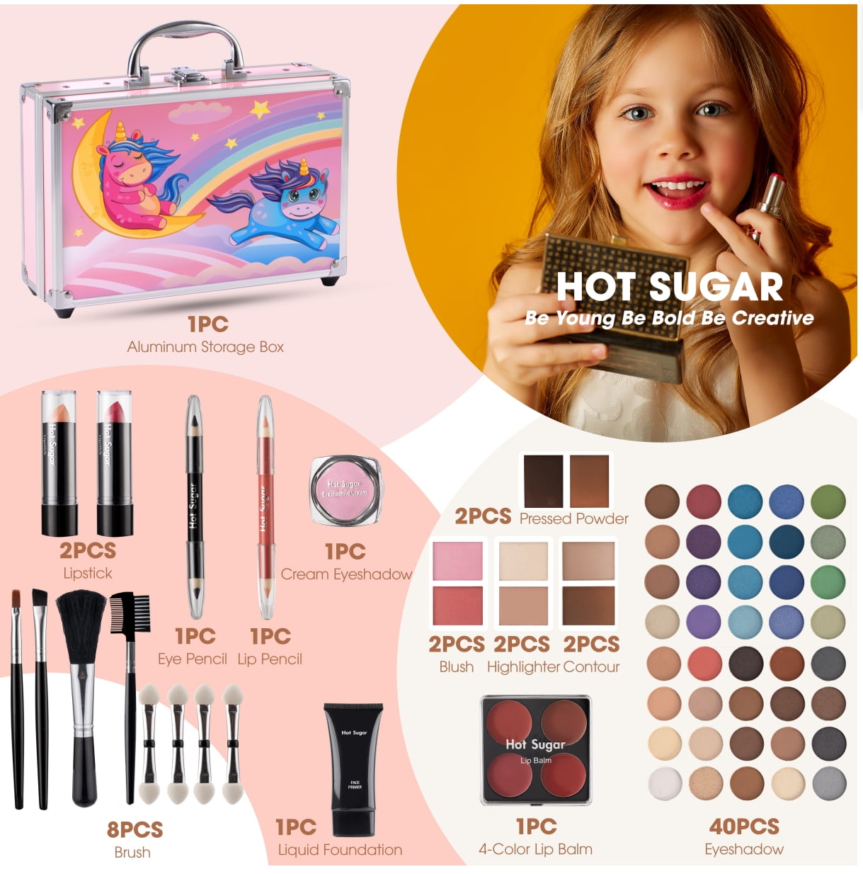 Hot Sugar Makeup Kit for Girls 10-12, Girls Makeup Set Ages 8-12, 14-16 With Aluminum Makeup Case (PINK UNICORN)