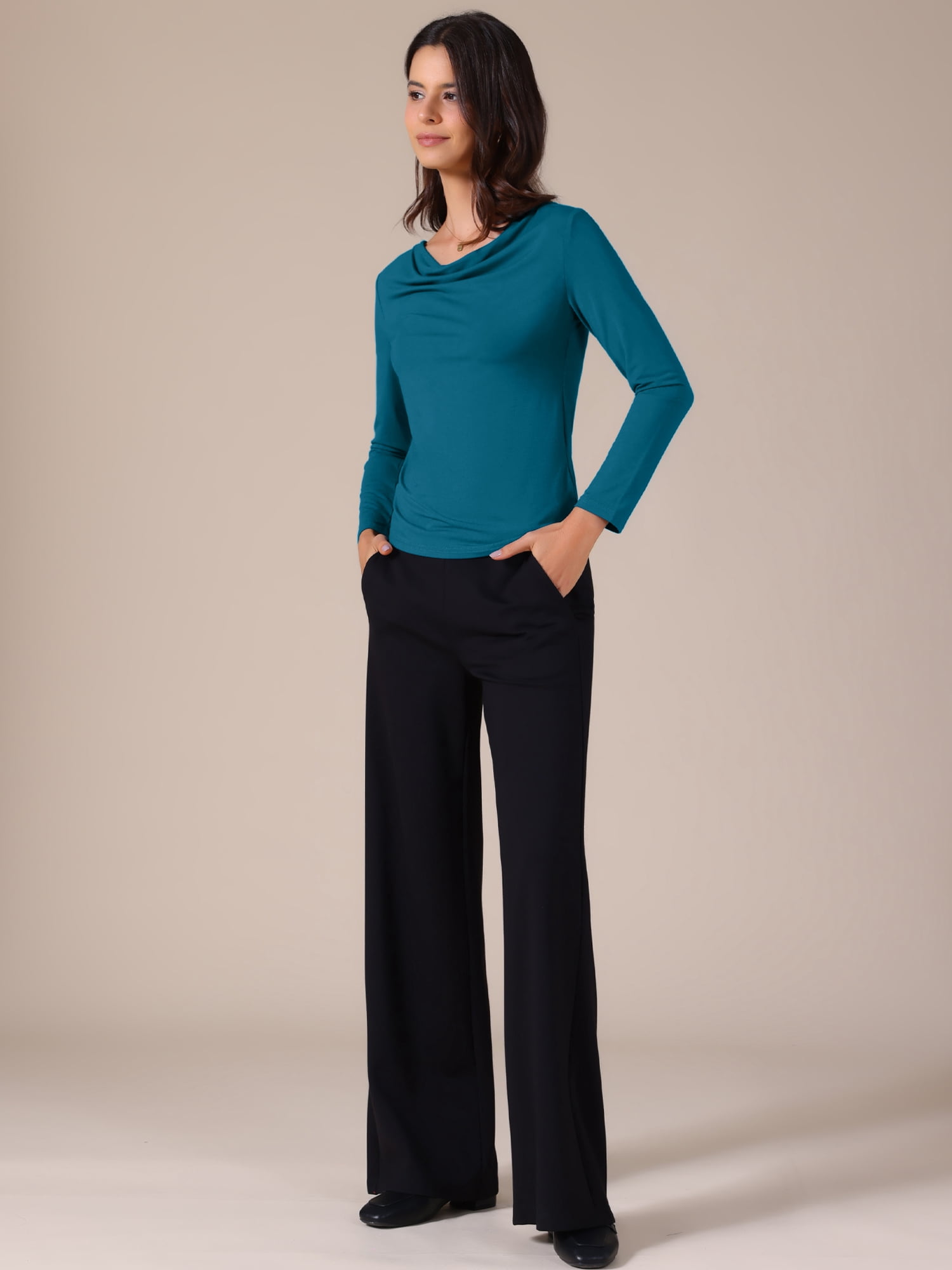 DARING DIVA Women's Cowl Neck Long Sleeves Fitted Layering Soft T-Shirt XL Peacock Blue