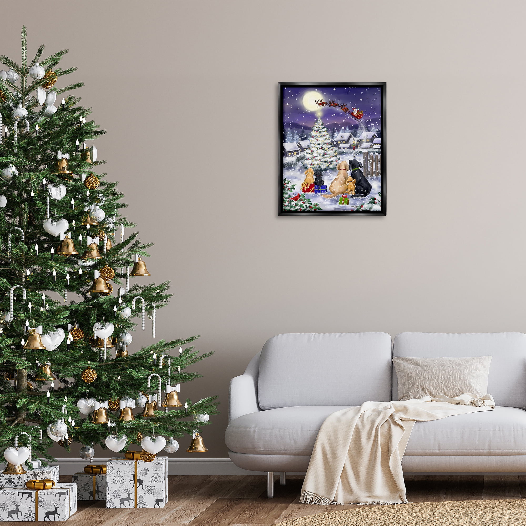 Stupell Industries Santa Over Snowy Dogs Holiday Painting Black Floater Framed Canvas Art Prints Wall Art, 25 x 31