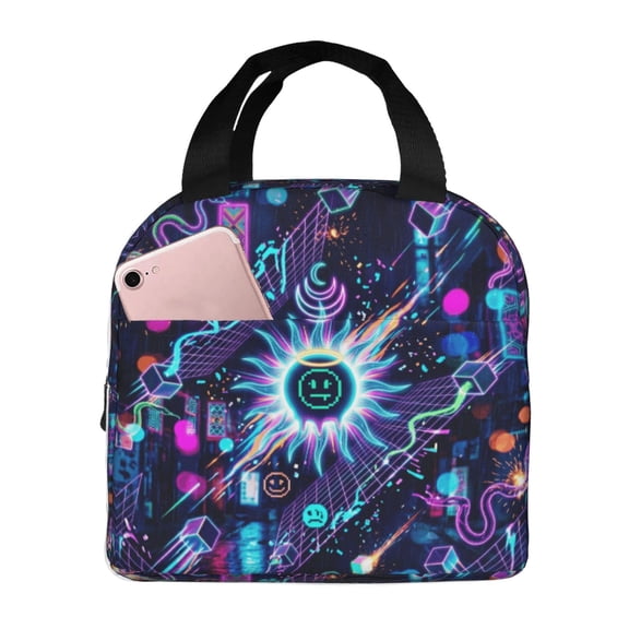 Sun And Moon Insulated Lunch Bag, Neon Cyberpunk Lunch Box Cooler Tote, Reusable Thermal Meal Prep Bag With Front Pocket For Work Office Picnic, Leakproof Portable Design