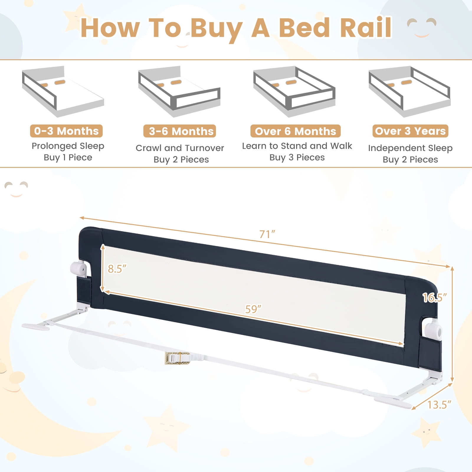 Gymax 71'' Toddler Foldable Bed Rail w/ Adjustable Safety Strap Bedrail Guard Blue